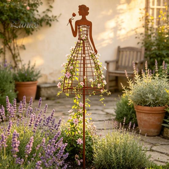 Outdoor Plant Climbing Trellis Vintage Metal Lady Trellis, Iron Girl Shaped Garden Support Stake, Decorative Yard Ornament Flower Vine Art for