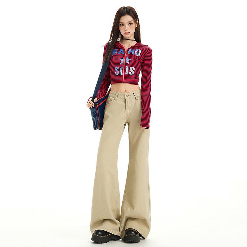 Damen Khaki Micro-Flared Jeans: Locker, Figurbetont, Gerades Bein, High Street Style für den Herbst