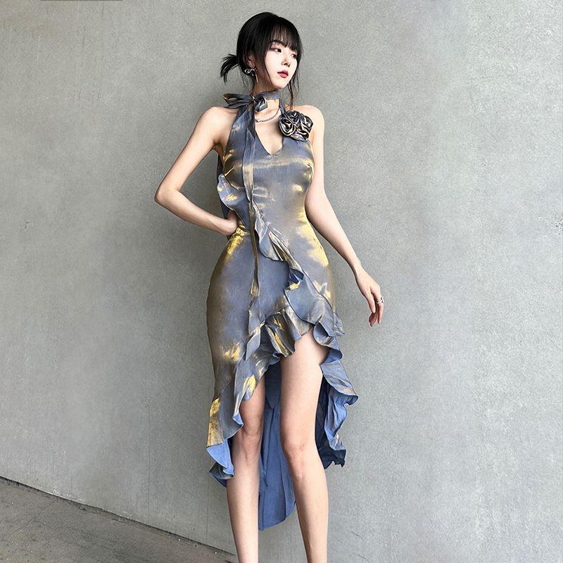 Women's Summer Retro Dresses Gradient Party Dress Backless Elegant Irregular Ruffle Korean Style Clothing