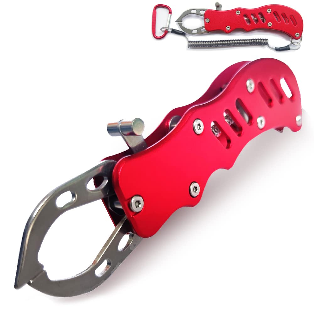 Fish Grip Fishing Tackle Fish Catcher Aluminum Alloy with Safety Rope (red)