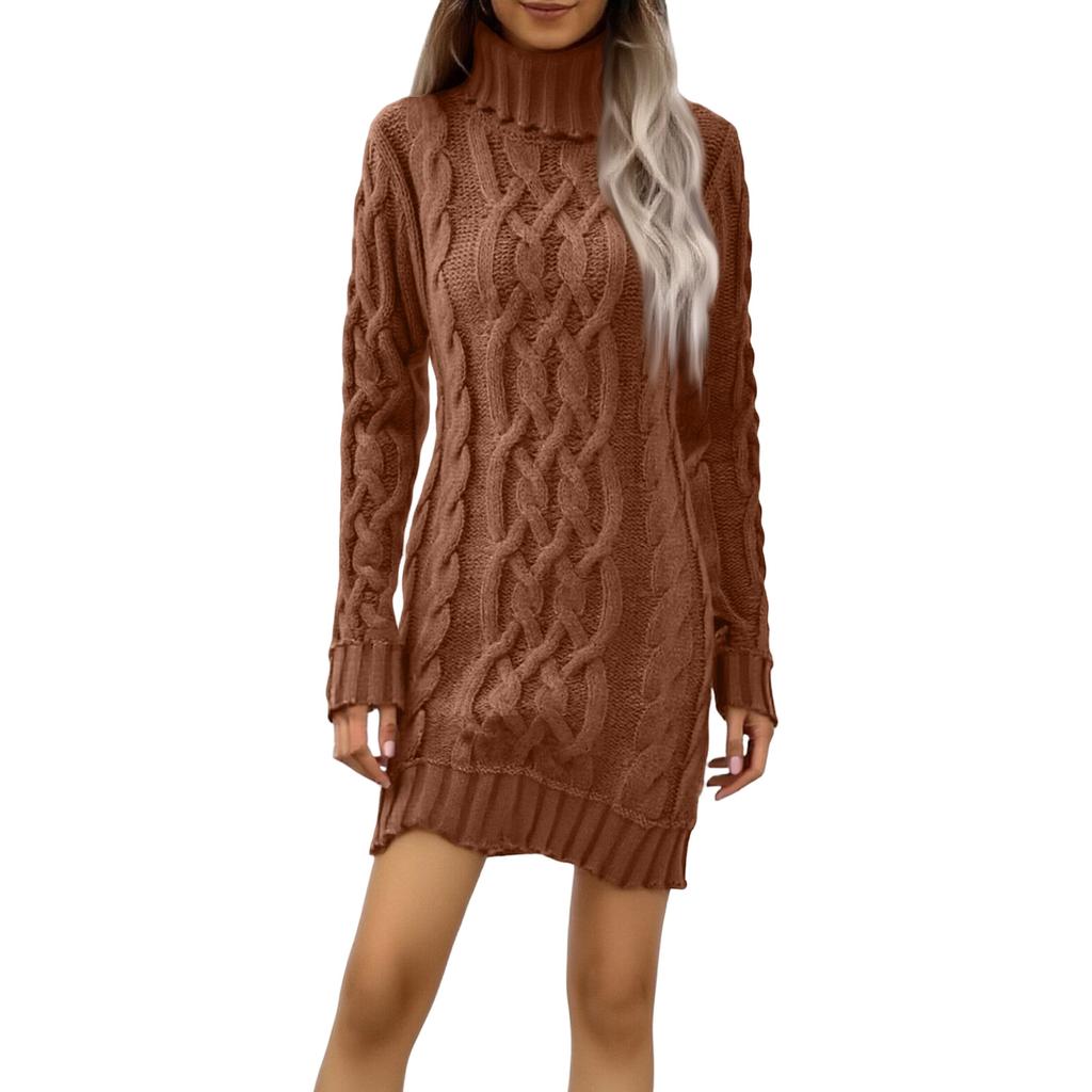 Women's Fashionable Casual Color Cable Knit Long-sleeved Turtleneck Sweater Dress