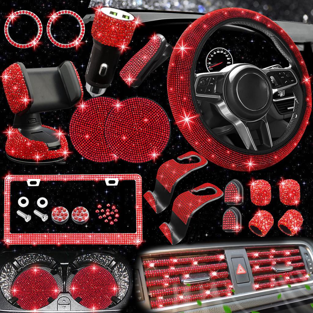 Anti-Slip Comfort Steering Wheel Cover No Inner Ring Elastic Band Diamond Rhinestone License Plate Frame Auto Interior Decoration Universal Black