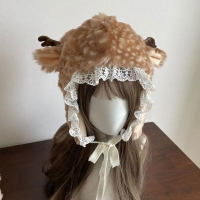 Chapeau d'hiver en dentelle et fausse fourrure Jambières Costume de performance Bottes poilues en fourrure de renne Chaussettes Couvre-chaussures Cadeaux de Noël Costume Cosplay
