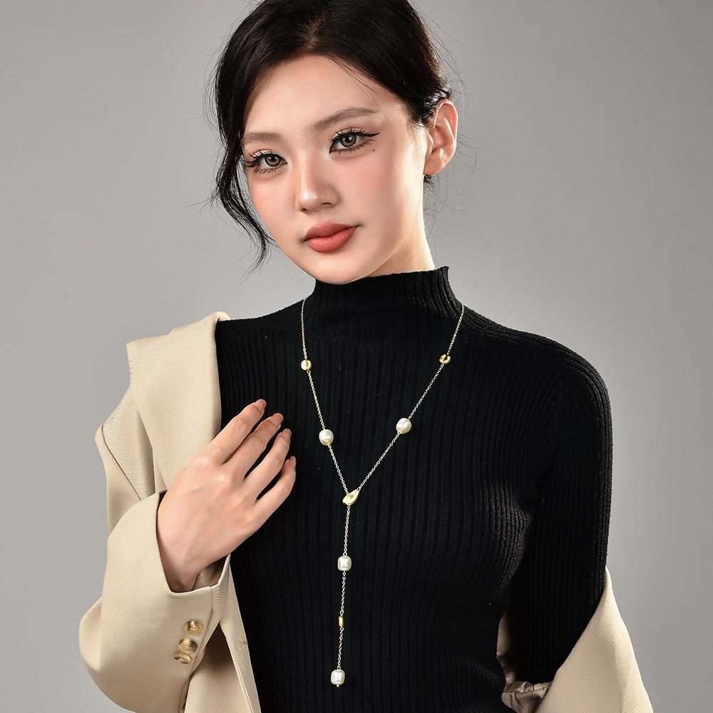 

Geometric Long Necklace For Women With Pearl Splicing And Electroplated Zinc Alloy Ideal For Fall Fashion Accessory золотой