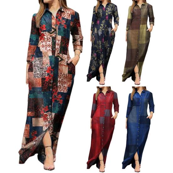 Turn-Down Collar Long Sleeve Women Dress with Pocket Geometry Pattern Single Breasted Shirt