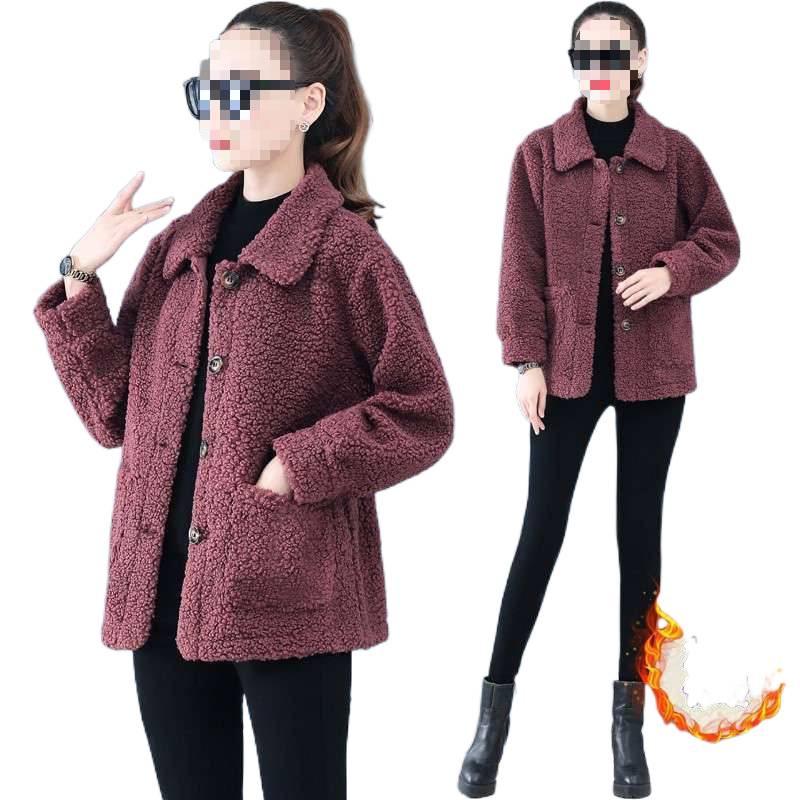 Stylish Faux Lamb Wool Coat for Women Aged 50-60: Warm Particle Velvet Top for Middle-Aged and Elderly Mothers