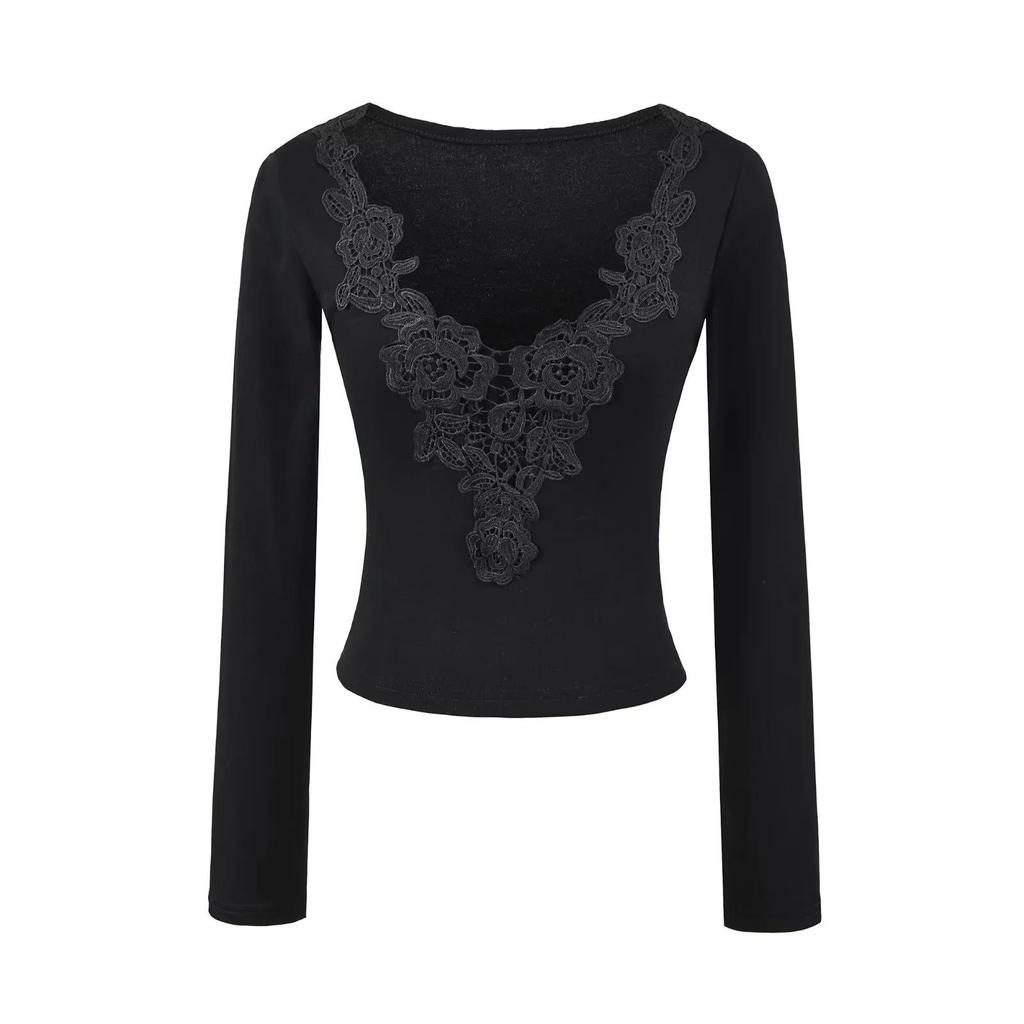 Spicy Girl Lace Patchwork Deep V-Neck Long Sleeve T-Shirt for Women - Slim Fit Brushed Base Layer for Autumn/Winter