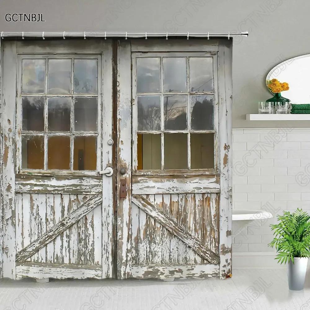 Retro Wood Doors Shower Curtain Set Rustic Old Vintage Barn Door Fabric Bathroom Curtains Farmhouse Bath Decor Bath Screens Ho