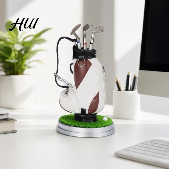 Practical Office Supplies Men Golf Pen Holder Set, Mini Bag Desk Organizer with 3 Set Club Pens, Novelty Decor for Men, Business Gift Desktop