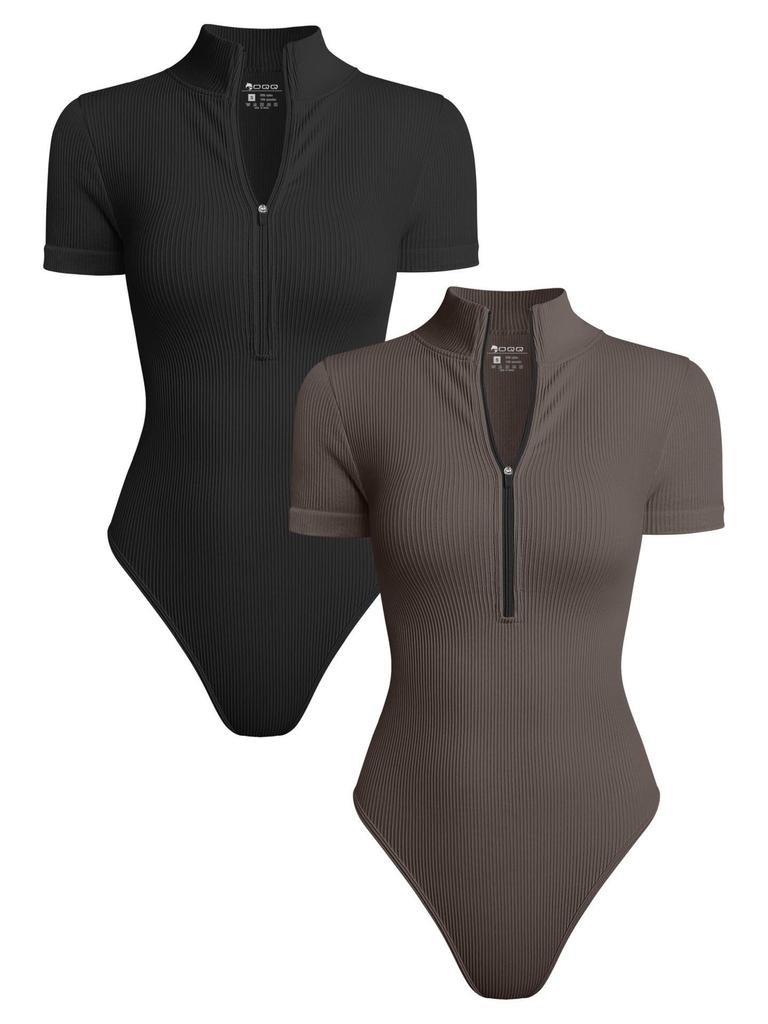 Dámský Sexy Žebrovaný Jednodílný Krátký Rukáv s Předním Zipem a Tanga Bodystocking