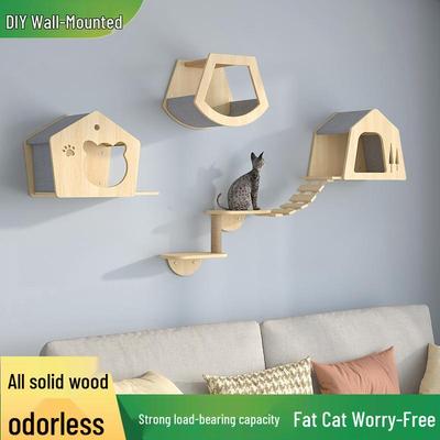 Wall-Mounted Solid Wood Cat Tree with Scratching Board and Jumping Platform