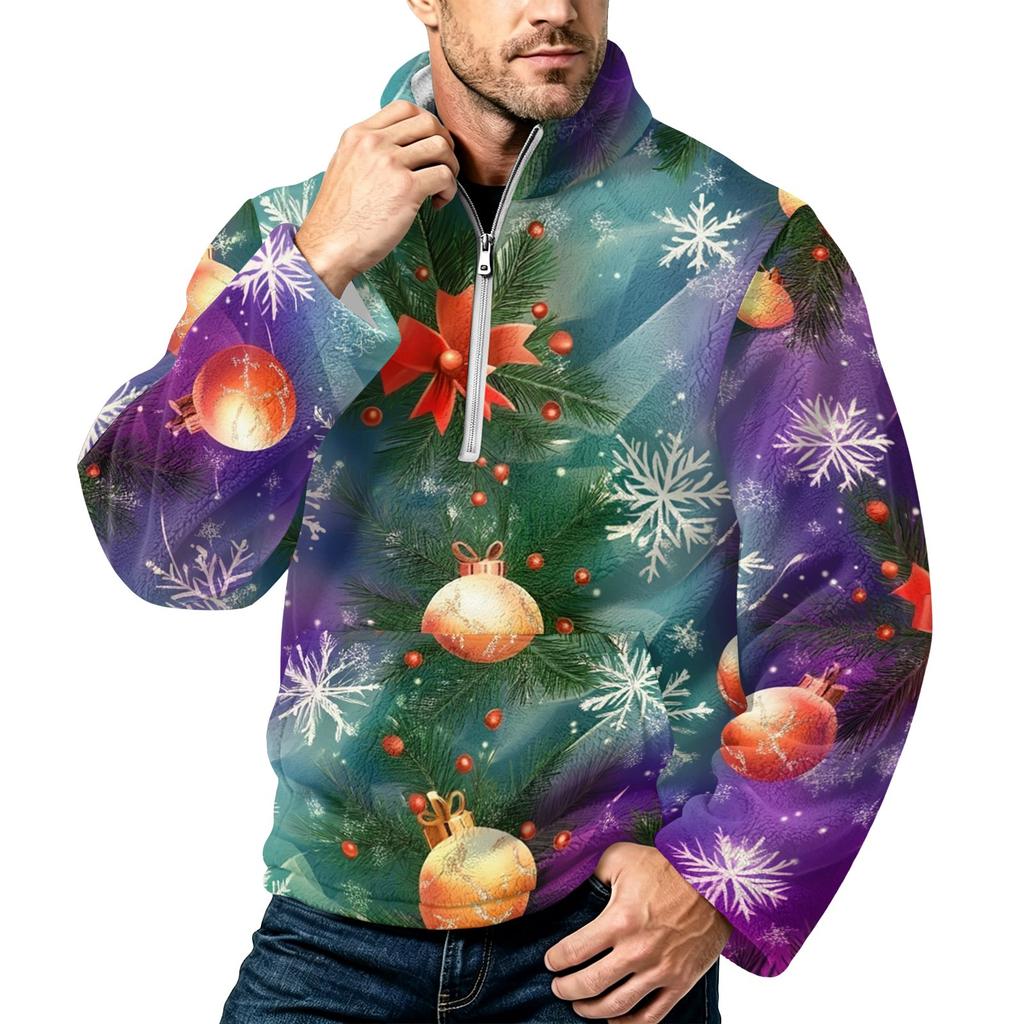 Men's Christmas Print Flannel Zip-Up Sweatshirt with Stand Collar, Plus Size Casual Top for Fall Winter
