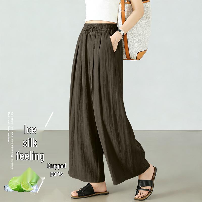 Women's Summer Ice Silk Cropped Loose-Fit Plus Size Pants, Elastic Waist & Petite 8-Point Casual Thin Pants