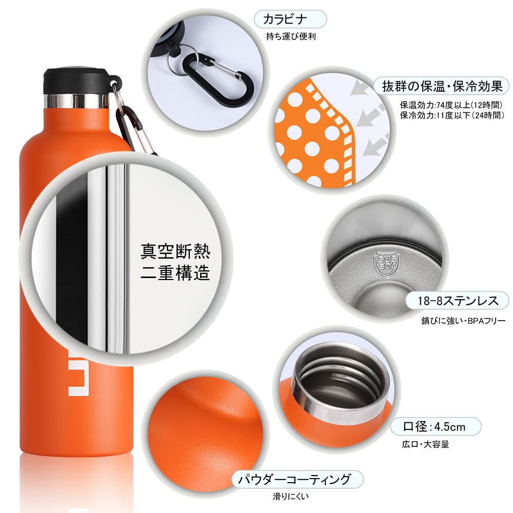 FEIJIAN 750ml Vacuum Insulated Stainless Steel Water Insulated for Hot and Cold Wide with Stylish Design for and Orange Bottle, Drinks, 0.75 Liter,