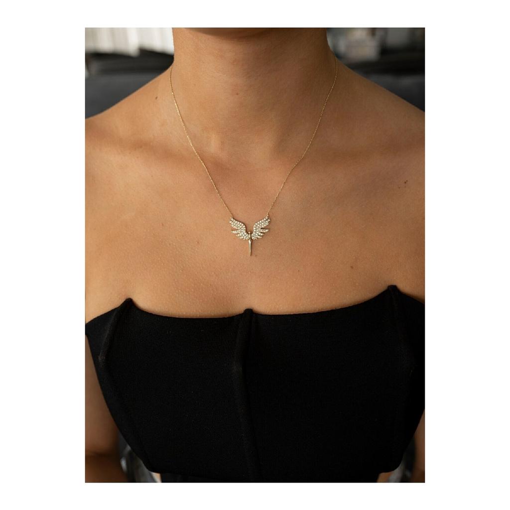 Zircon Stone Angel Wing Tarnish Resistant Gold Steel Necklace With Michael Angel Figure