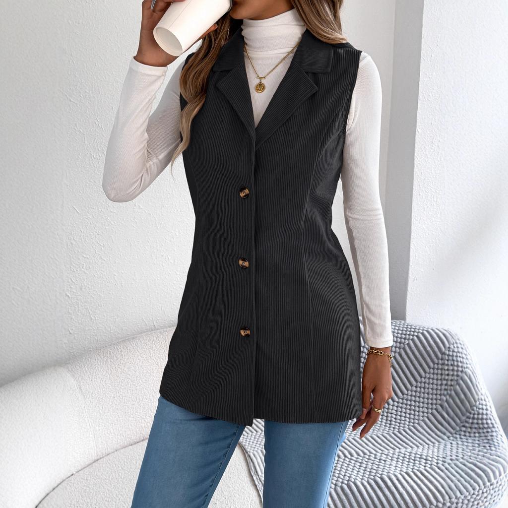 QICED Autumn and Winter Casual Single-breasted Suit Collar Corduroy Vest Jacket for Women