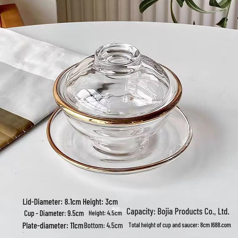 Yu Jing Glass Bird's Nest Dessert Bowl Set with Gold Rim - Heat Resistant and Transparent, Includes Lid