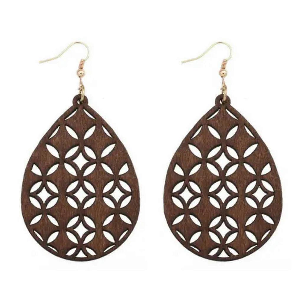 RSAMD Wood Hollow Teardrop Wooden Statement Earring for Women Fashion Jewelry-Burgundy