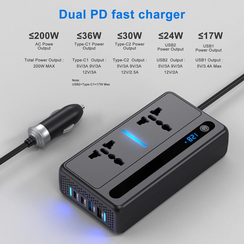 200W 12V/24V To 110V 220V Portable Multifunctional Power Station Digital Display Fast Charging Inverter Car Power Converter