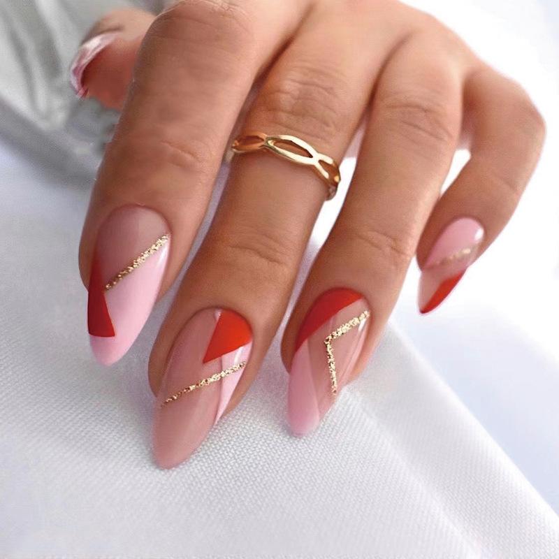 Nail art piece Pink color matching geometric pattern Gold line nail art, wearing nail jelly glue nail art piece