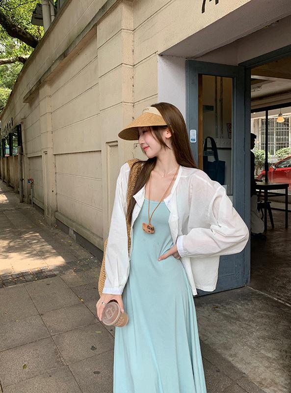 

Plus Size Gentle Blue Long Spaghetti Strap Dress with Sleeves for Women - Vacation Style 2XL (recommended 70-80 kg)