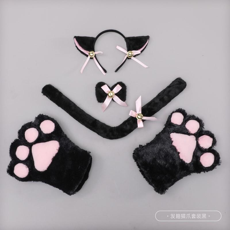 Handmade Cat Ear Headband Set With Paw Gloves Tail Kids Costume Party Animal Role Play