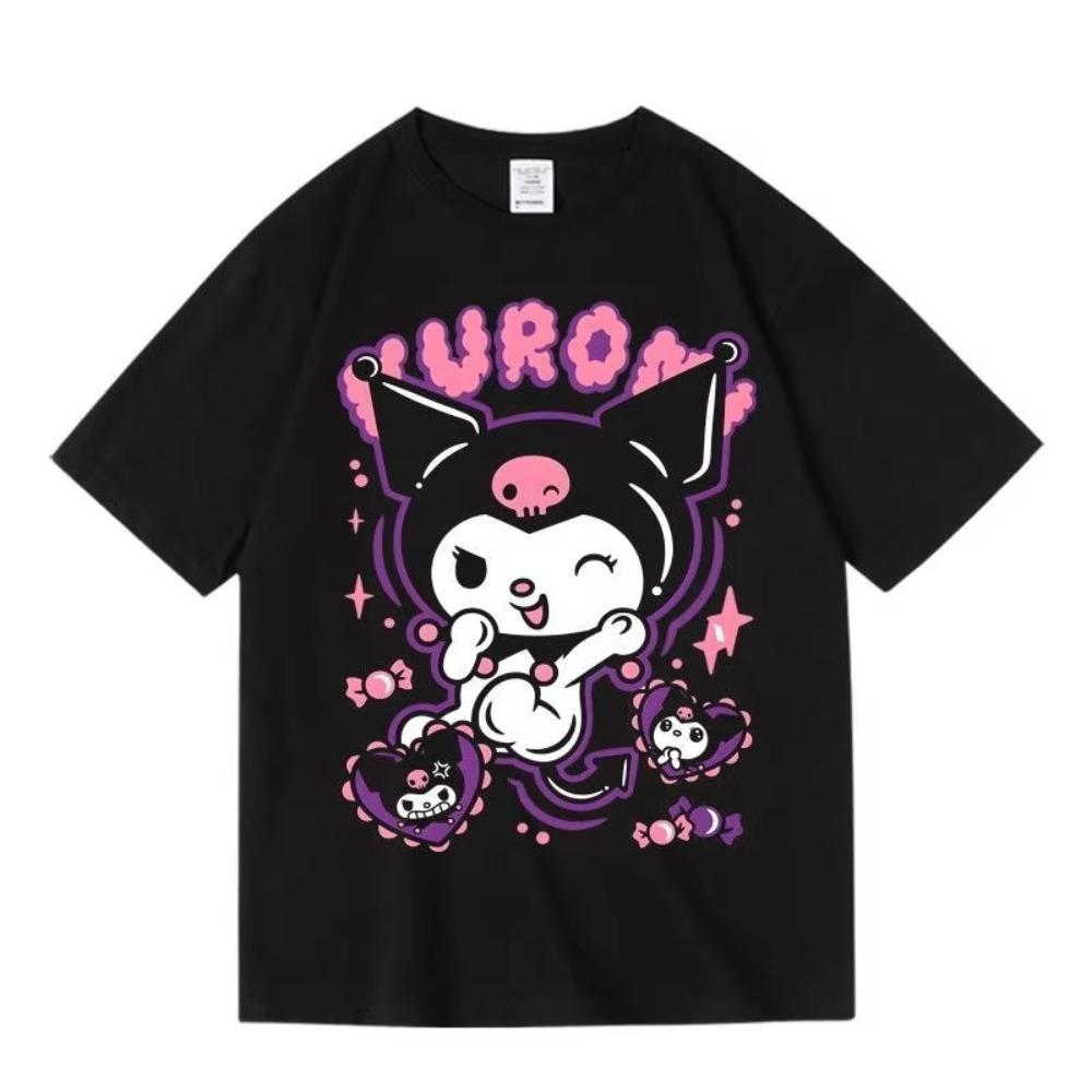 Kawaii Fashion Kuromi Print Tshirt Black White Character Print Cotton Crew Neck Short Sleeve Unisex Women Breathable Cotton