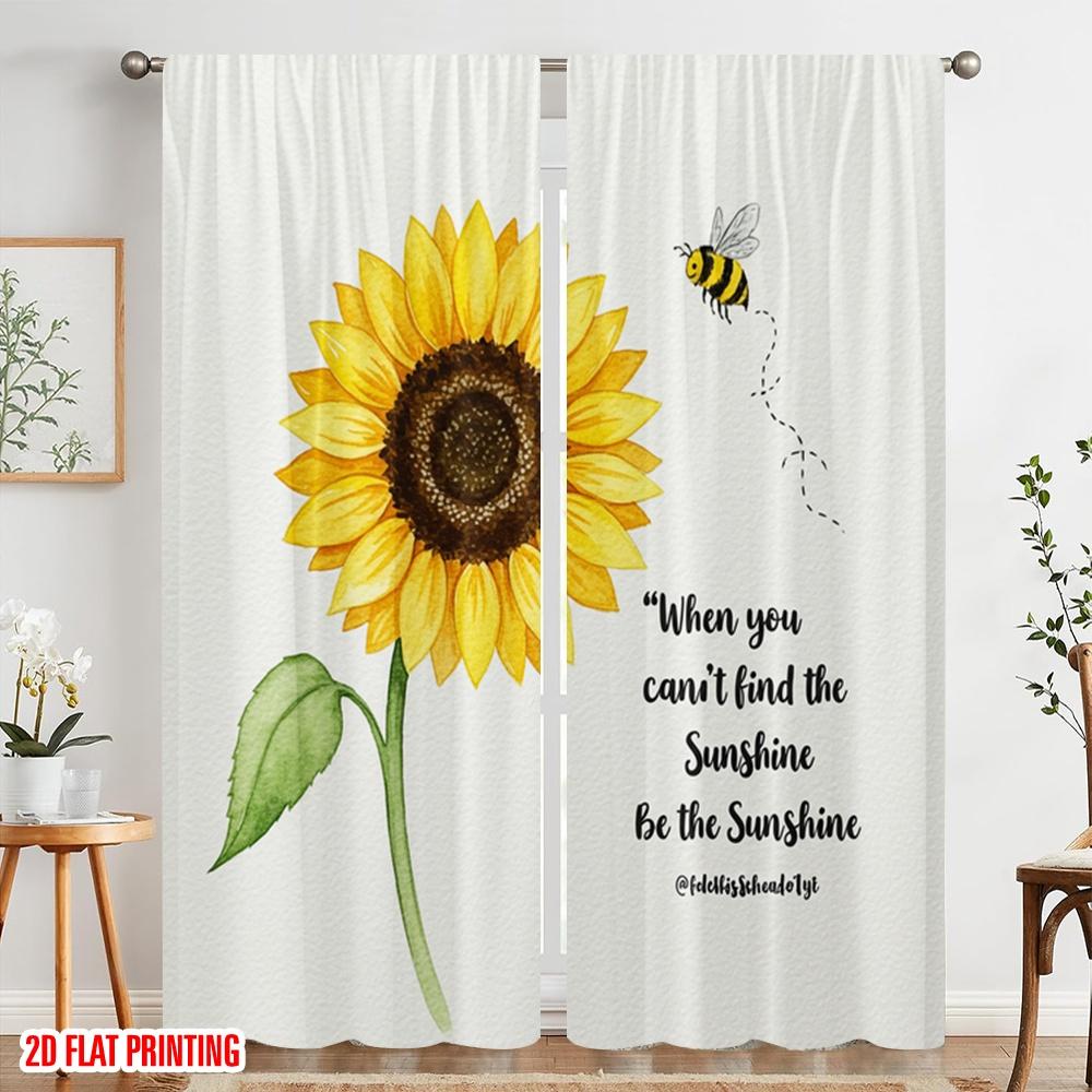 2pcs 2D Flat Printing Curtain Sunflower Bee Sunshine 0 100% Polyester Fabric Without Electricity Birthday Party for Entryway