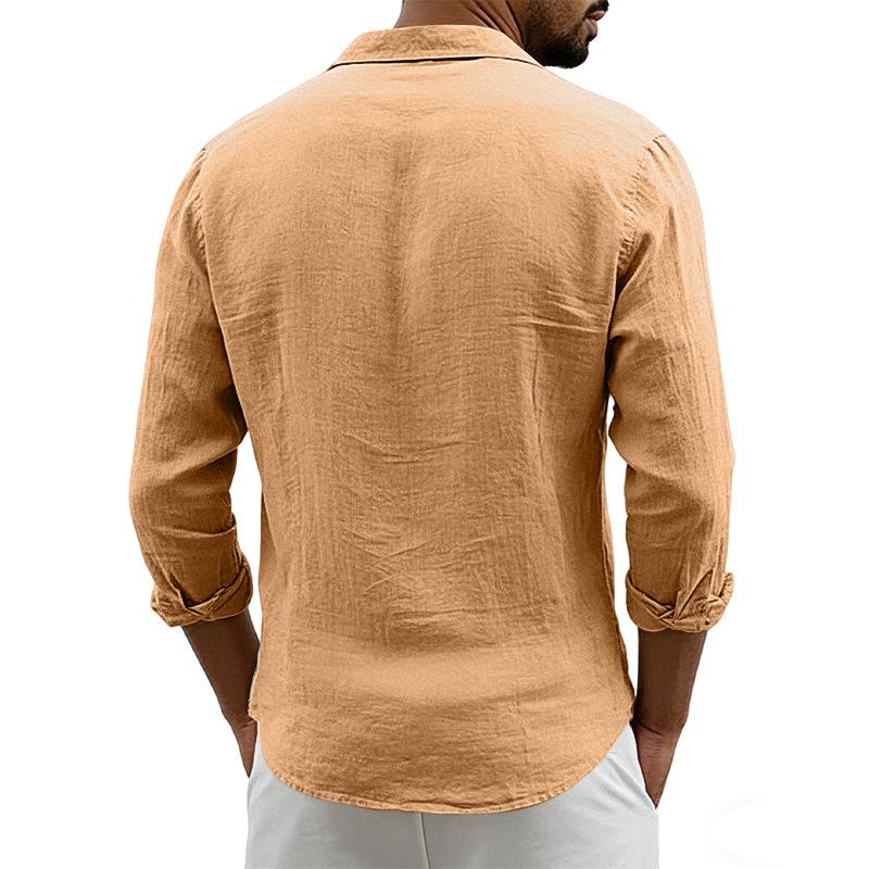 New Men's Solid Color Long Sleeve Shirt Linen Cotton Shirts Trend Plus-size Lapel Collar Casual Lightweight Beach Tops