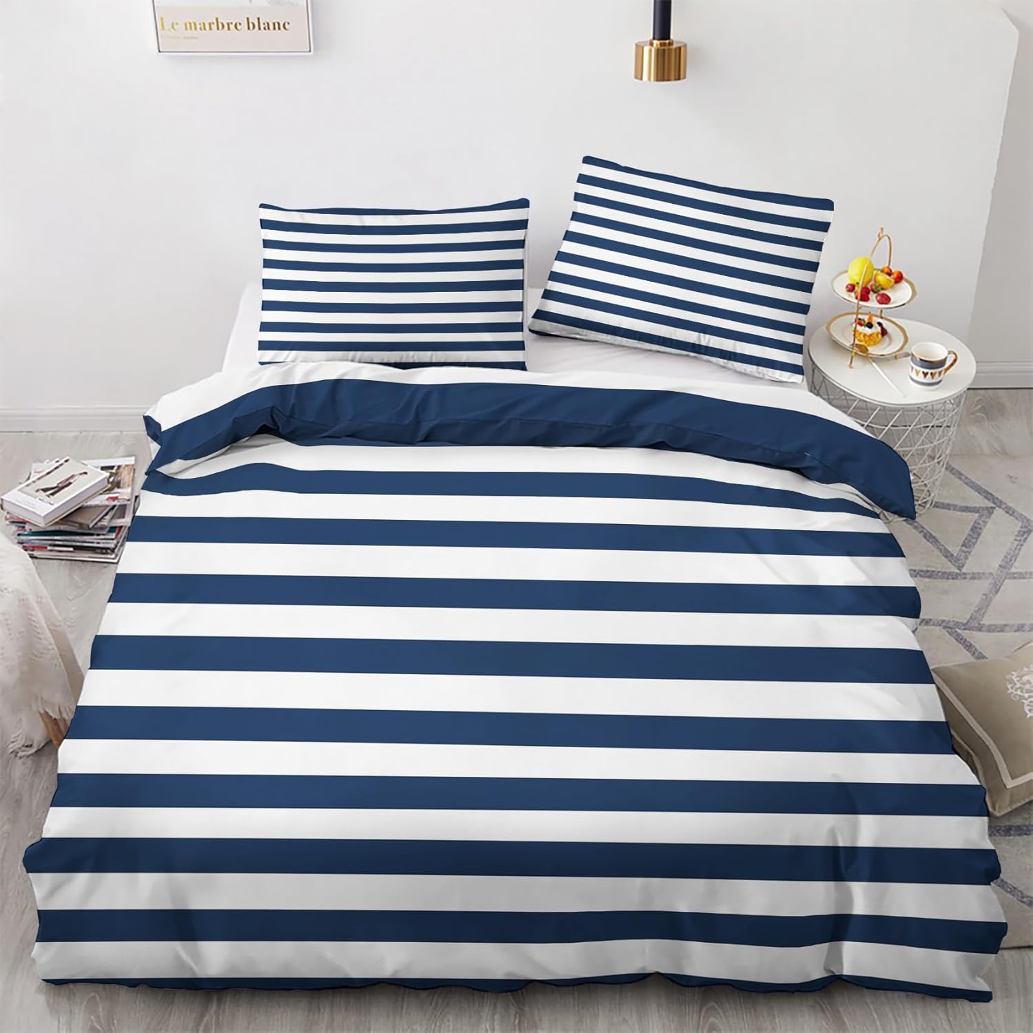 Grosstor Unisex Home Striped King Size Duvet Cover Sets 2Pcs, Soft Microfiber Reversible Striped Duvet Cover King Size With Pillowcases 75*50Cm