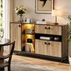 Modern minimalist storage cabinet with double doors, open shelf, glass shelves and interior partitions for living room, dining room and office.