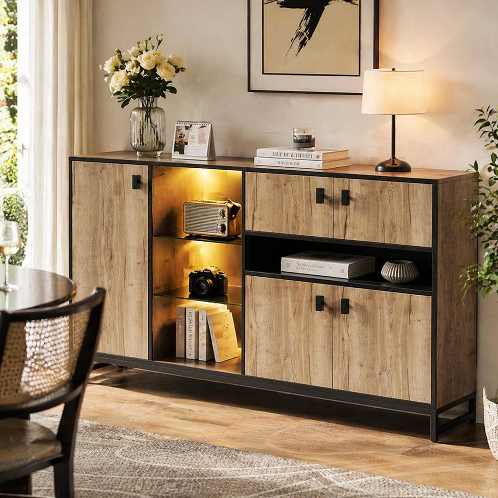 Modern minimalist storage cabinet with double doors, open shelf, glass shelves and interior partitions for living room, dining room and office.