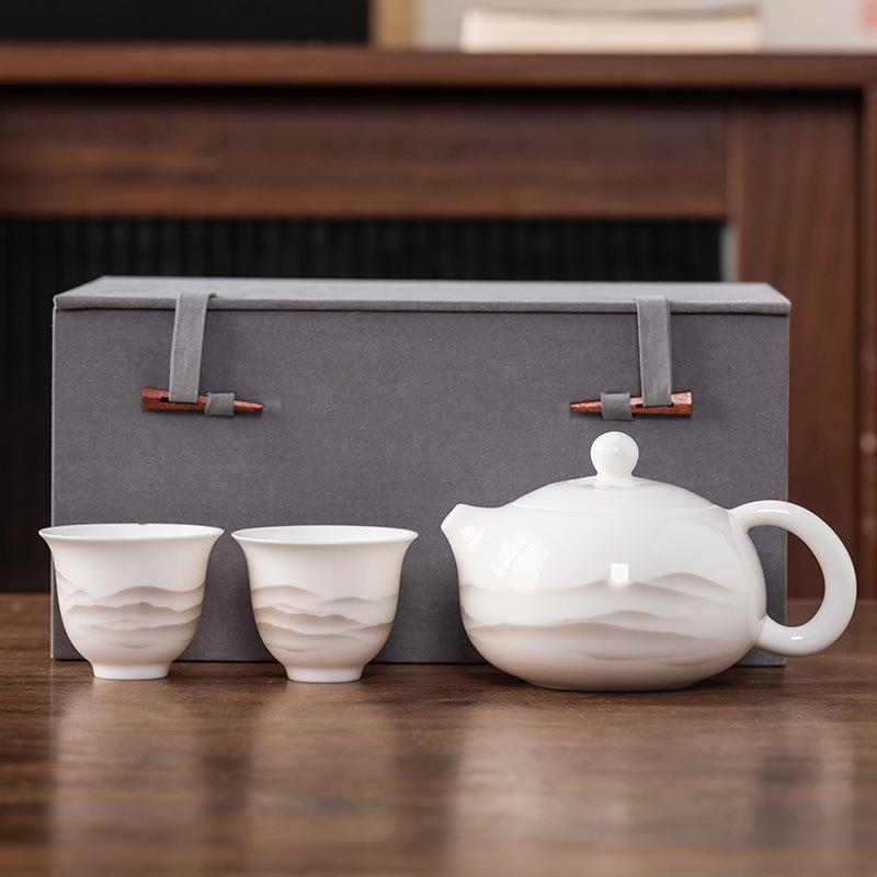 Beam Pot One Pot and Two Cups Suet Jade Porcelain Light Luxury Kung Fu Tea Set Kuaike Cup High-end Brocade Box Gift Box