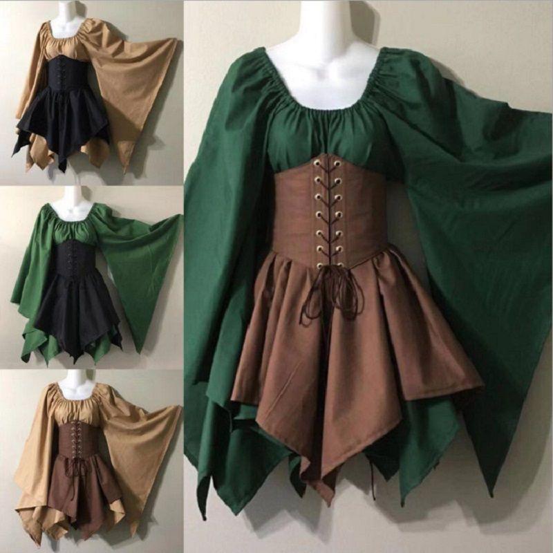 Women Medieval Woodland Elf Fairy Dress Corset Set Top Skirts Halloween Costume