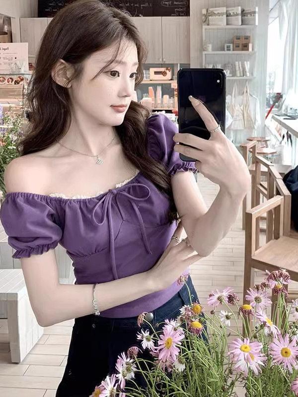 Design sense niche square neck bubble short-sleeved t-shirt women's summer Korean new Spice Girl unique chic short top