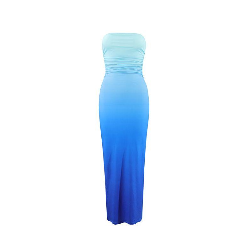 

Western Style Ins New Fashion Tube Top Gradient Color Slim fit Long dress Sexy Backless Print Sheath Dress Women Blue L