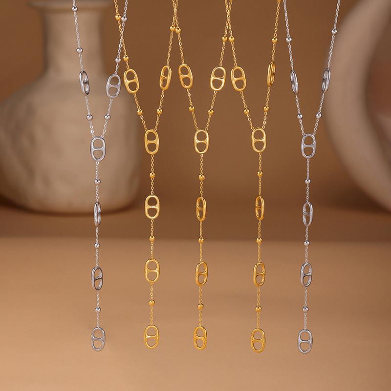 Premium Edelstahl Langes Halskettchen Trendiger Schweinenasen-Stil Y-Form Tropfen Anhänger Wasserdichte Halskette für Damen Mädchen Schmuck