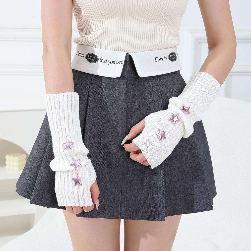 Y2k Fingerless Gloves Women Winter Warm Arm Sleeve Knitted Star Decoration Mitten Casual Long Wrist Mittens Punk Gothic Gloves