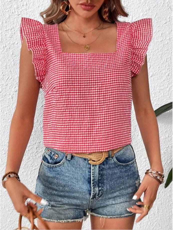 2026 Women's Plaid Square Neck Ruffle Blouse - Spring/Summer Collection