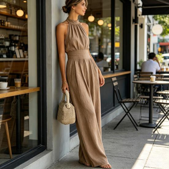 Women's Halter Neck Jumpsuit, Sleeveless Casual Wide Leg Rompers, Summer High Waist One Piece Outfits with Pockets