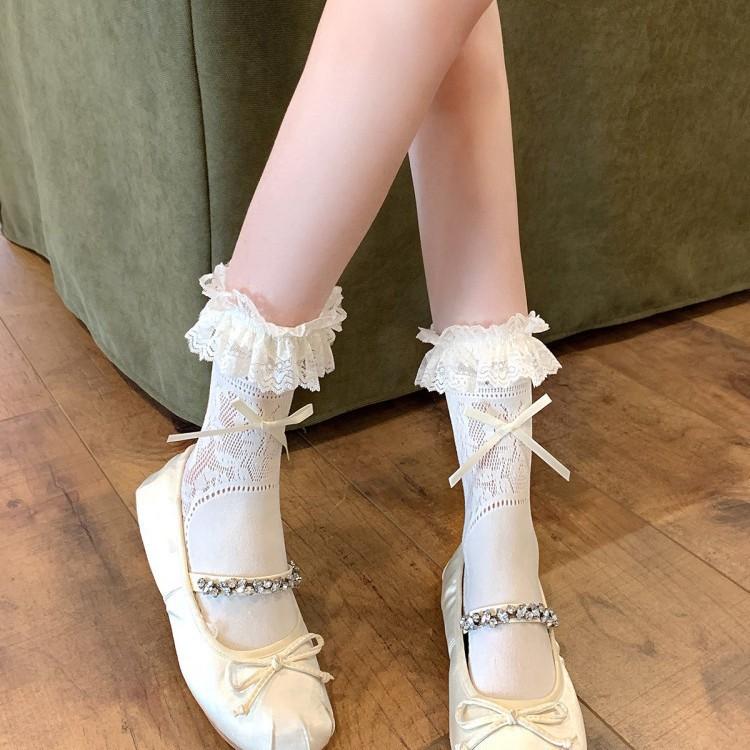 Milk White Lace Bow Tube Socks Ballet Soft Girl Versatile Mary Jane Shoes Breathable Lolita Girl Socks