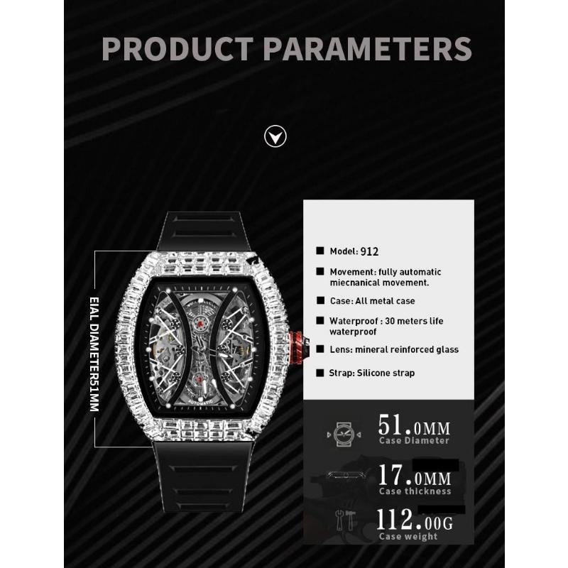 Top Brand Men's Automatic Mechanical Watch Fashion Tonneau Case Luminous Pointer Diamond Skeleton Watch