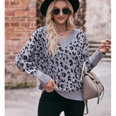 Autumn and Winter Women's Sweater V-neck Strapless Leopard Print Pullover Loose Fashion Sweater