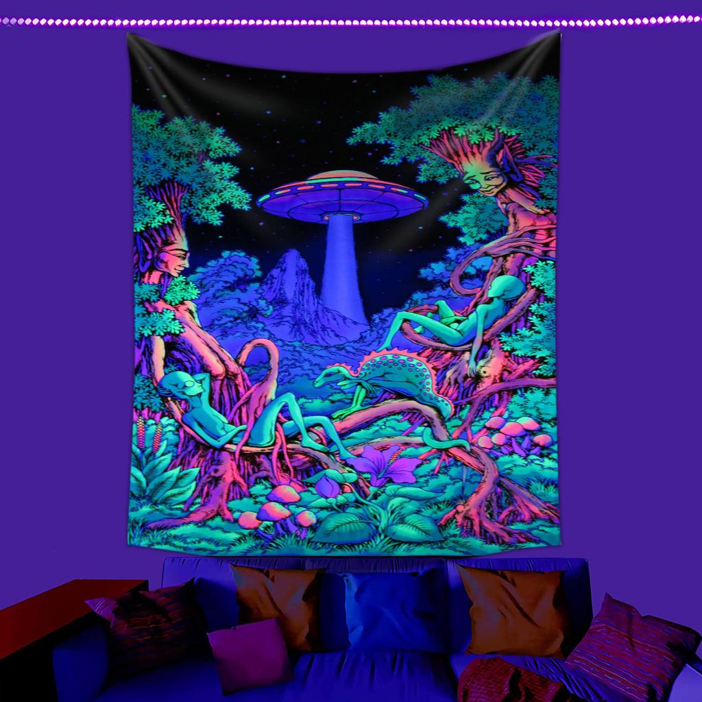 Fluorescent Tapestry UV Tree of Alien Life Purple Mushroom Fluorescent Tapestry Home Room Cloth Tapestry