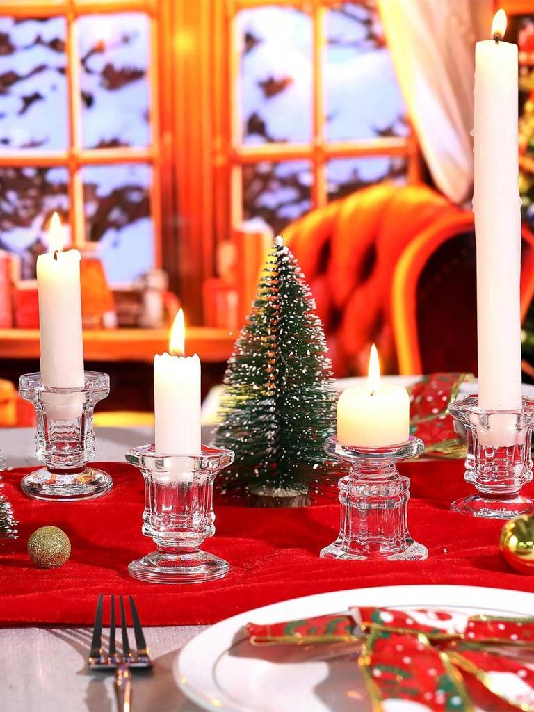 1/6pcs Bulk Candle Holders, Christmas Candle Holder, Set Of 6 Clear Glass Candle Holders, Tapered Glass Candle Holders