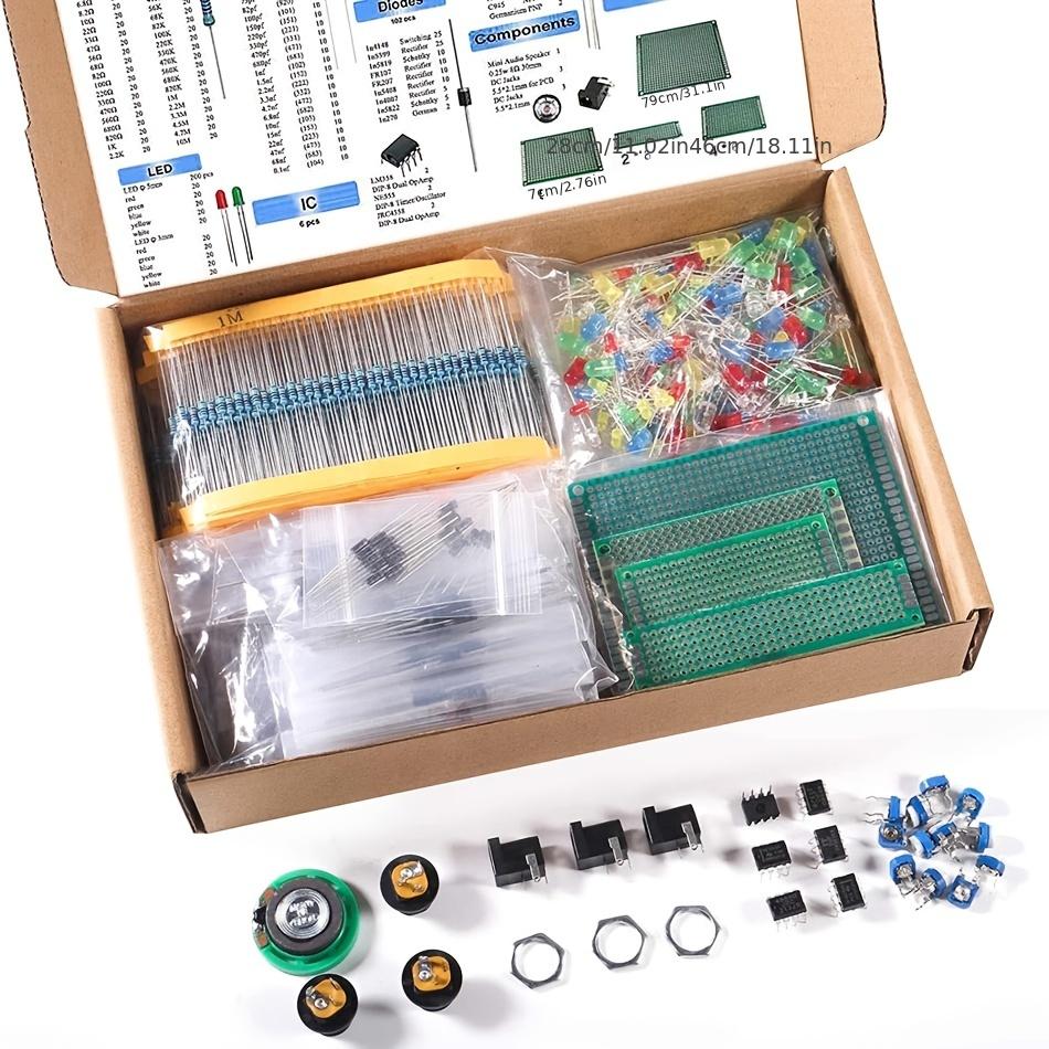 Kit di componenti elettronici Mega da 1900 pezzi - Condensatori, resistori, LED, transistor, diodi, jack CC, PCB - Progetti fai da te