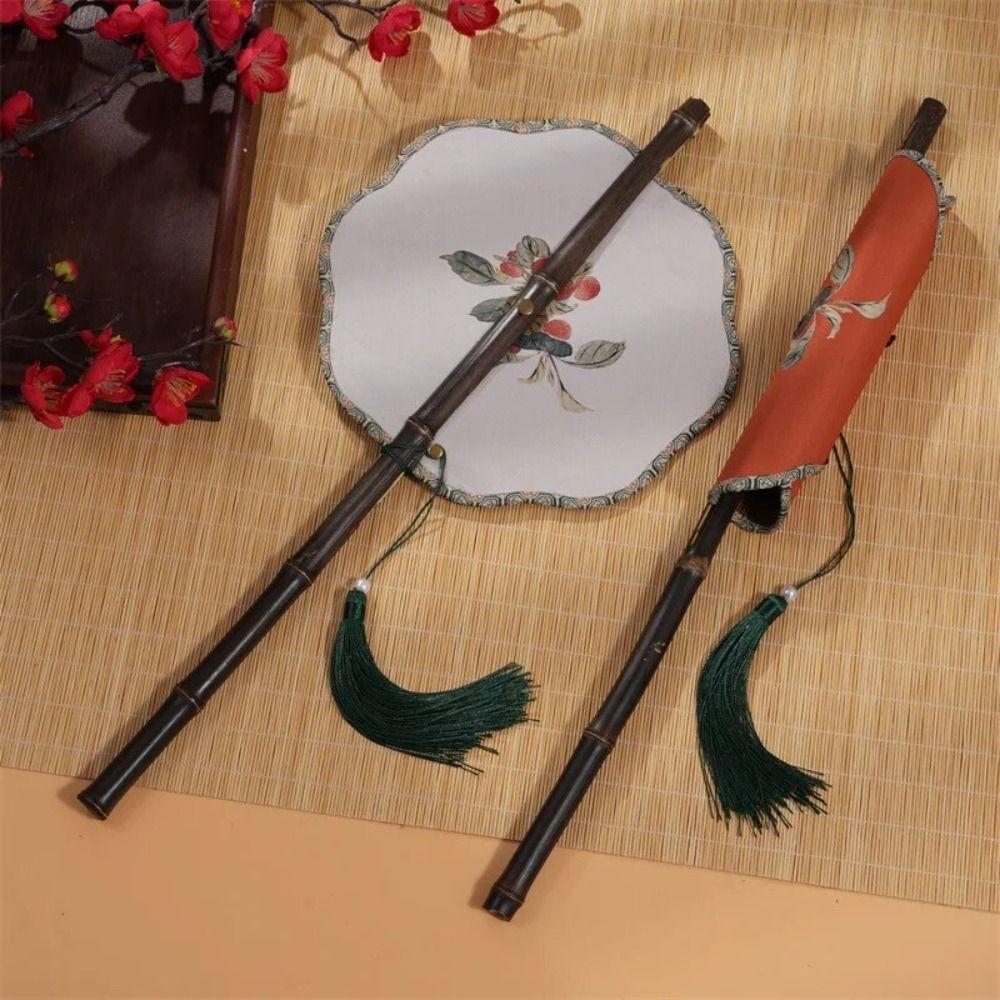 Rollable Long Handle Fan Rotatable Group Fan Portable Chinese Bamboo Waist Fan  Gifts