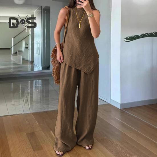 2-teiliges Outfit für Damen mit unregelmäßigem Saum, ärmelloses Oberteil mit Rundhalsausschnitt, Hose mit weitem Bein, Lounge-Set, lässiger Sommer-Trainingsanzug