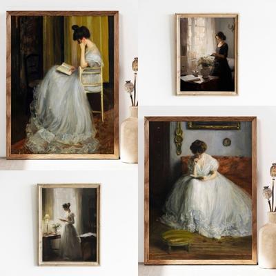 Vintage European Portrait of a Reading Lady Art Print Retro Aesthetic Woman In Beautiful Light Dress Canvas Painting Home Decor