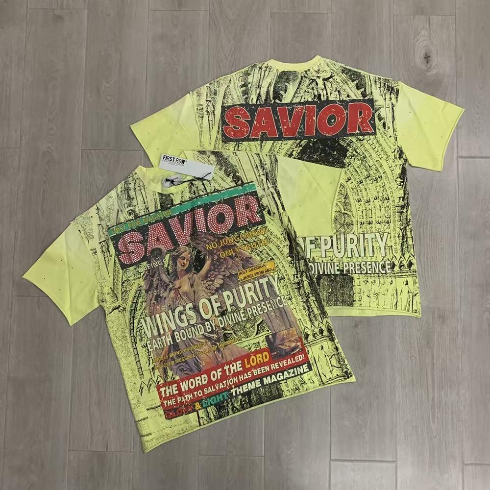

Streetwear Vintage Washed Diamond Cropped Tee for Men Crew Neck Short Sleeve Loose Rhineston Tshirts Oversized S